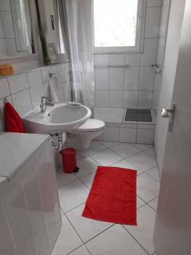 een badkamer met een witte wastafel en een rood tapijt bij Happy Living in Mülheim an der Ruhr