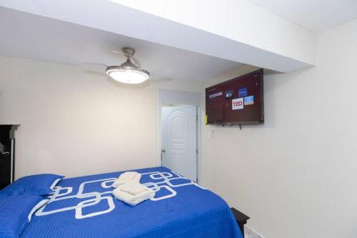 a bedroom with a blue bed and a light at Hermoso apartamento con Jacuzzi. in Santo Domingo