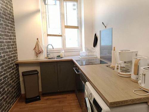 a kitchen with a counter and a sink and a window at Gonnelles Appartement T3 Centre Ville RDC D in Agen