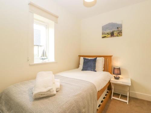Un dormitorio con dos camas y una ventana. en 9 Malthouse Court, en Watchet