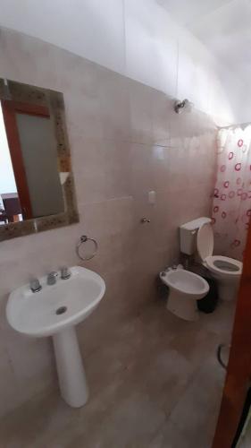 a bathroom with a sink and a toilet and a mirror at Apart Dany in Villa Los Molinos