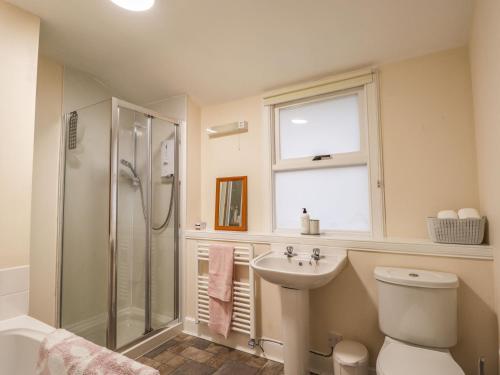 a bathroom with a shower and a toilet and a sink at Craigard in Balmacara