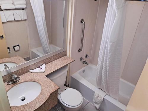 卡顿斯维尔Motel 6 Catonsville MD Baltimore West的带水槽、马桶和淋浴的浴室