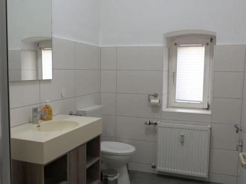 La salle de bains blanche est pourvue d'un lavabo et de toilettes. dans l'établissement Apartment in the center of Ballenstedt, à Ballenstedt