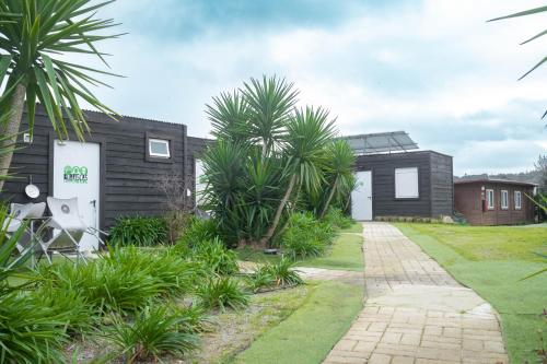 a black house with palm trees in the yard at Burriscas Campismo Rural in Montemor-o-Novo