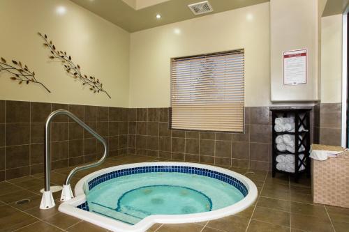 un jacuzzi en un baño con ventana en The Kanata Fort Saskatchewan, en Fort Saskatchewan