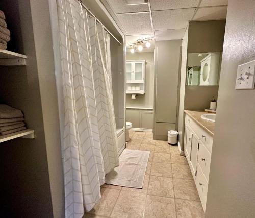 a bathroom with a shower curtain and a sink at Hiltz House Cellar Suite Near Halifax Ferry in Halifax