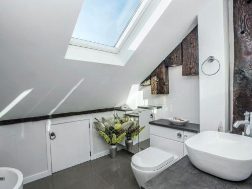 a bathroom with a toilet and a sink and a skylight at The Shipwreck in Oulton