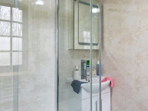 a bathroom with a shower with a sink and a mirror at Knowle Cottage in Colaton Raleigh