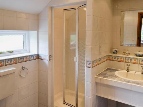 a bathroom with a shower and a sink at Little Thatch in Netherbury