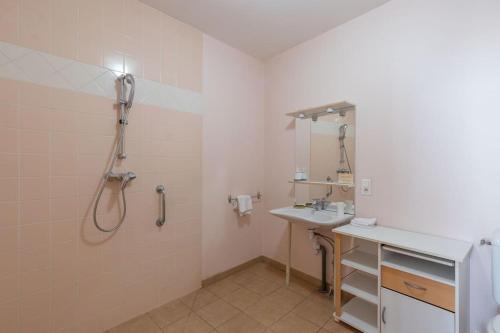 ein Bad mit einer Dusche und einem Waschbecken in der Unterkunft Cabana & Le Gîte de Domange - Proche Mâcon in Igé