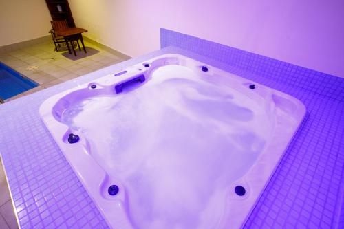a bath tub in a bathroom with a purple tiled floor at Melbourne Royal Botanical Gardens 2BR in Melbourne
