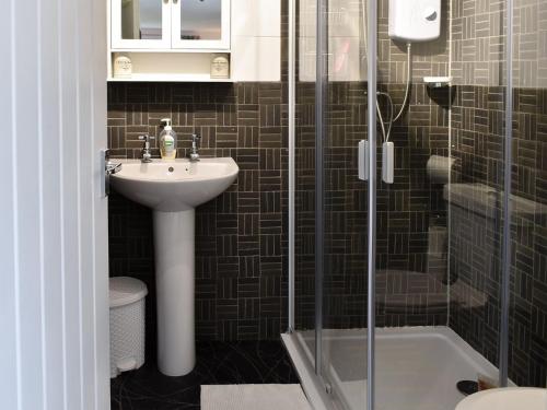 uma casa de banho com um lavatório e um chuveiro em The Wood House em Buckfastleigh