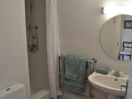 a bathroom with a shower and a sink and a mirror at Broad Cottage Boathouse in Ranworth