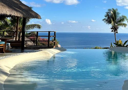 a swimming pool with a view of the ocean at Château de feuilles & SPA - Praslin island in Baie Sainte Anne