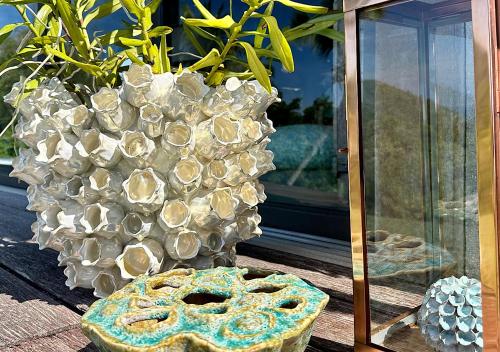 a vase filled with shells sitting next to a window at Château de feuilles & SPA - Praslin island in Baie Sainte Anne