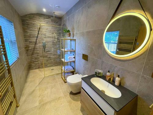 La salle de bains est pourvue d'un lavabo, de toilettes et d'un miroir. dans l'établissement Bee Cottage-UK39918, à Bride