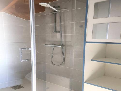 a shower with a shower head in a bathroom at Maison bretonne rénovée, grand jardin, WIFI, à 5 min des plages et commerces - FR-1-368-4 in Trébeurden