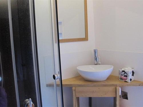 une salle de bain avec un lavabo blanc et un miroir dans l'établissement Maison à Ploumanac'h avec WIFI, proche du port, jardin, barbecue, garage, chiens acceptés - FR-1-368-44, à Perros-Guirec