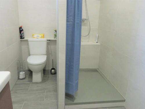 ein kleines Badezimmer mit Toilette und Dusche in der Unterkunft Appartement rénové 3* avec WIFI, centre-ville Perros-Guirec, proche plages et commerces - FR-1-368-263 in Perros-Guirec