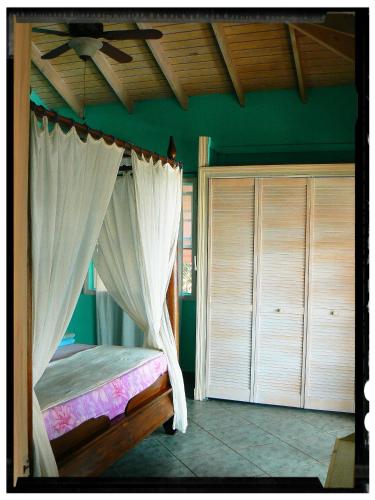 a bedroom with a bed with a canopy and a closet at Donkey on the Beach in Cobbs Cross