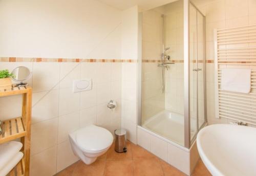 ein Bad mit einem WC, einer Dusche und einem Waschbecken in der Unterkunft Ferienwohnung Seewinkel in Herrsching am Ammersee