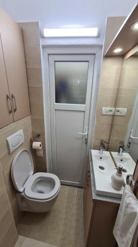 bagno con servizi igienici, lavandino e porta di Studio Albert a Râmnicu Vâlcea