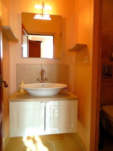 y baño con lavabo y espejo. en Demeure vigneronne de charme Pays CATHARE Carcassonne Blomac Jacuzzi, en Blomac