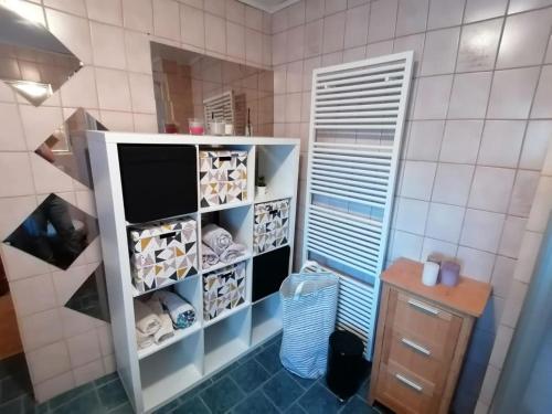 a bathroom with a walk in closet with a tv at Ferienwohnung Ellinger in Regen