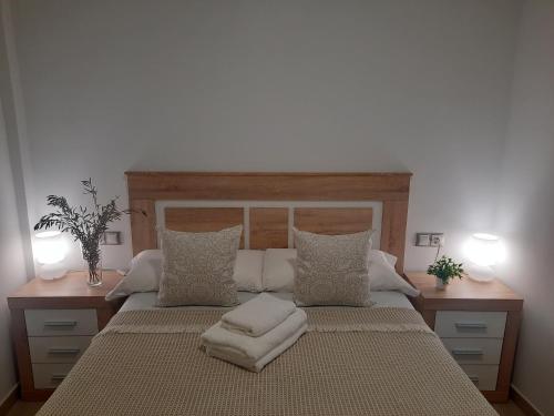 a bedroom with a large bed with two tables and two lamps at Apartamentos Clavero 10 in Plasencia