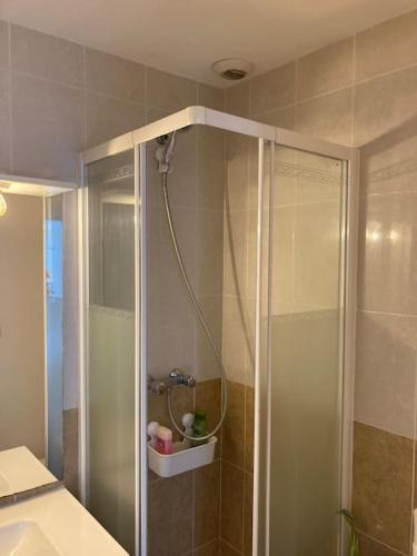 une douche avec une porte vitrée dans une salle de bain dans l'établissement Appartement 1 chambre proximité Port de commerce et Gare SNCF, à Brest