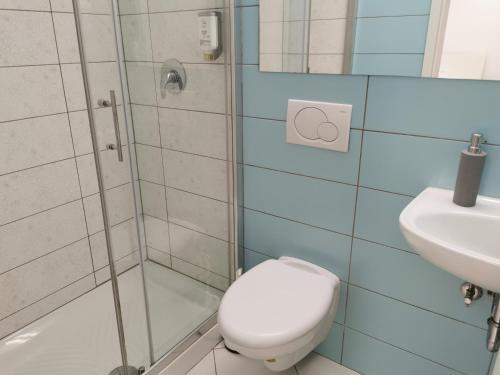 a bathroom with a shower with a toilet and a sink at Rooms Sincere 1830 in Ljubljana