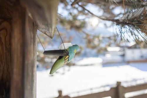 a bird feeder is hanging from a house at Pension Gulla - Ferienhaus Appartements B&B in Neustift im Stubaital
