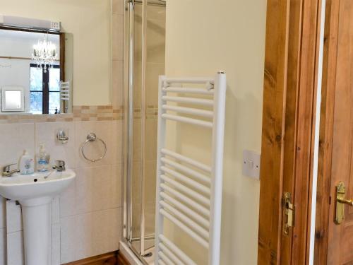 a bathroom with a shower and a sink at Trevellyan Barn in Lanivet