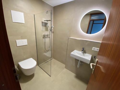 La salle de bains est pourvue de toilettes, d'un lavabo et d'un miroir. dans l'établissement Schöne Wohnung direkt am Naturpark, à Leinfelden-Echterdingen