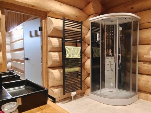 a glass shower in a room with a wooden wall at Falkenblick in Hochrindl