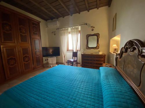a bedroom with a blue bed and a television at Antico Casale Edifizio in Viterbo