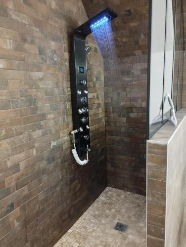 une douche avec un mur en briques dans l'établissement Gîte le C-47 proche des plages du Débarquement, à Sainte-Mère-Église