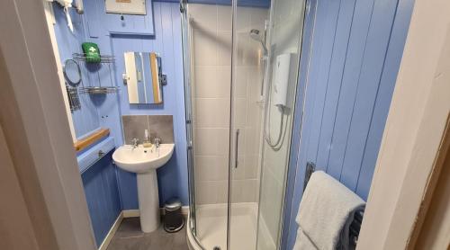 y baño azul con lavabo y ducha. en The Cabin, Litlington - Dogs Welcome! en Litlington