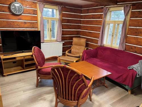 een woonkamer met een bank en een tafel bij Hlinné v Orlických horách in Dobré