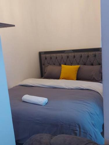 een bed met een blauwe deken en 2 gele kussens bij Beta Studio Apartment in Nairobi