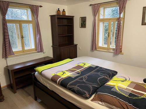 een slaapkamer met een bed met 2 kussens erop bij Hlinné v Orlických horách in Dobré