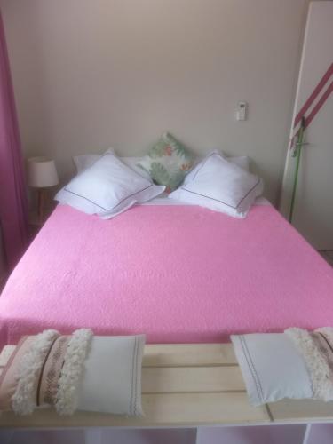 a pink bed with white pillows and a pink blanket at VILLAS AUMIS 2MR in Fort-de-France