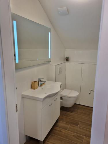 bagno bianco con lavandino e servizi igienici di Apartments Jungic, Rab a Rab