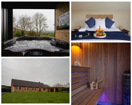 eine Collage mit vier Bildern eines Schlafzimmers und eines Whirlpools in der Unterkunft The Cosy Inn - Luxury Private Hot-Tub in Dungiven