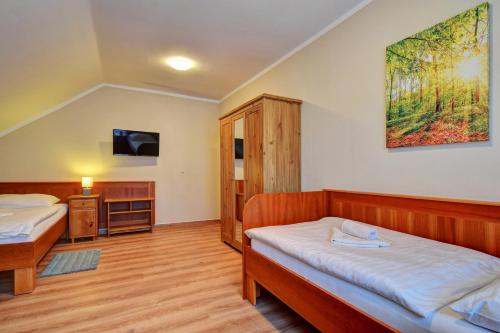 a hotel room with two beds and a tv at Penzion pod Radyni in Starý Plzenec
