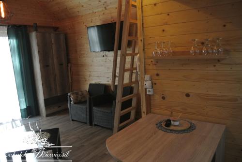 een kamer met een hoogslaper, een stoel en een tafel bij Zakątek DZIEWIĘĆSIŁ in Przyborów