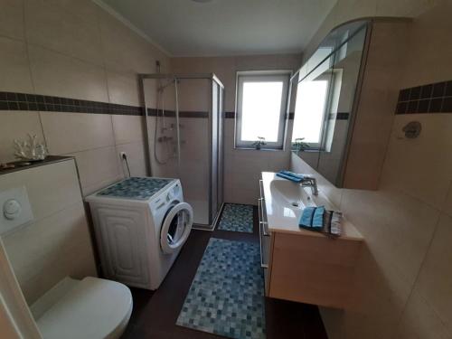 y baño con lavabo y lavadora. en Ferienwohnung Völkner, en Hamdorf