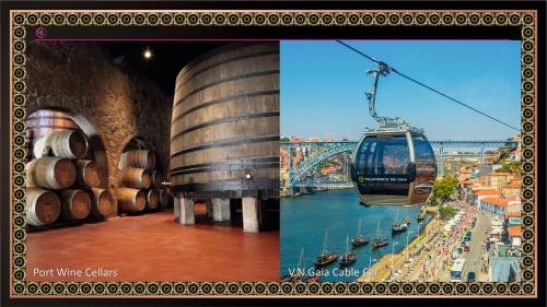 a picture of a bunch of wine barrels and a cable car at Hotel Jaguar Oporto - Airport to Hotel and City Center and Vice-Versa is a Free and Continuous Shuttle Service from 7AM to 8PM in Porto
