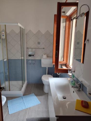 a bathroom with a toilet and a shower and a sink at Casa Flavio in Porto Pino